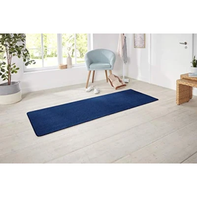 Image of Hanse Home Nasty Runner Fluffy Short Pile Rug Plain Colours for Dining Room, Living Children&#039;s Hallway, Bedroom, Kitchen Dark Blue, 80 x 300 cm