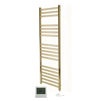 Image of Manissa Boston Electric Brushed Brass Heated Towel Rail 500mm W x 1200mm HBathroom Radiator + 7 Day Thermostat/Timer