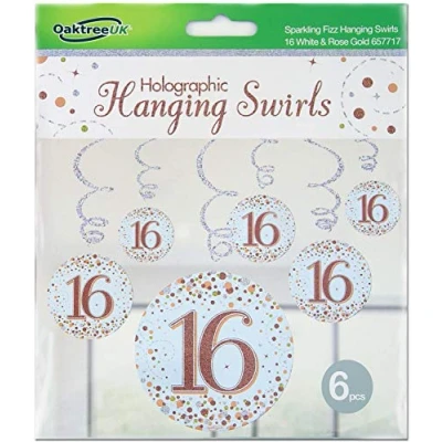 Image of OakTree Sparkling Fizz Hanging Swirls 16th White &amp; Rose Gold 6pcs