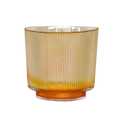 Image of Ivyline Round Candle Holder in Amber Glass with Ribbed Design Elegant Table Centrepiece Modern Home Decoration H14 x W15 cm