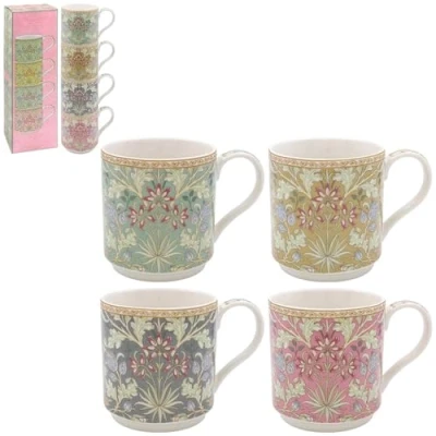 Image of Lesser &amp; Pavey Hyacinth Stacking Mugs Set of 4 Ceramic Coffee for Home or Work Premium Design All Occasions Lovely Tea, Hot Drinks William Morris