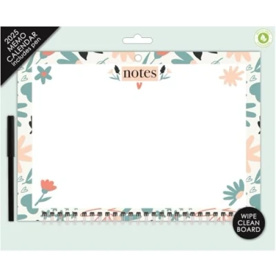 Image of 2025 Memo Calendar Wipe Clean Notes Board &amp; Pen Stylish Blue Floral Design