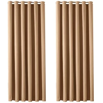 Image of AMEHA Eyelet Blackout Curtains for Living Room Beige Bedroom 66x90 Inch Soft Luxury Curtain with Tiebacks 2 Panels