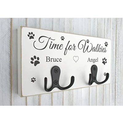 Image of Personalised Dog Lead Hook Hanger Gift Wooden Walkies Leash