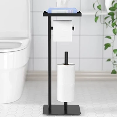 Image of Free Standing Toilet Roll Holder with Top Storage Shelf, Black Paper Stand, Floor Dispenser Storages 4 Reserve Rolls