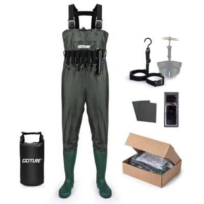 Image of Goture Waterproof Fishing Waders with Boot, Adjustable H Back Shoulder Straps Waist Belt Boot for Men Women UK 6/EU 40