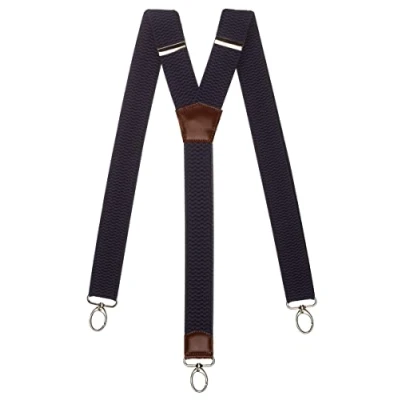 Image of Olata Heavy Duty Y Shape Wide Braces/Suspenders with Brown Leather and Carabiner Clips 4cm. Dark Blue