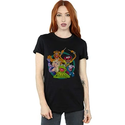Image of Disney Women&#039;s The Muppets Group Circle Boyfriend Fit T Shirt Black Large
