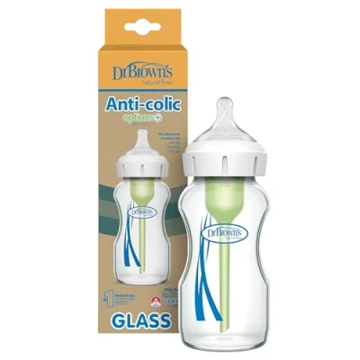 Image of Dr. Brown&#039;s Natural Flow Options+ Anti Colic Wide Neck Baby Bottles, Glass, Green, 270 ml