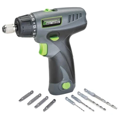 Image of Genesis GLSD08B 8V Lithium Ion Battery Powered Quick Change 2 Speed Cordless Screwdriver with LED Work Light, Pack, Charging Stand, 4 Hex Shank Drill Bits, and Bits