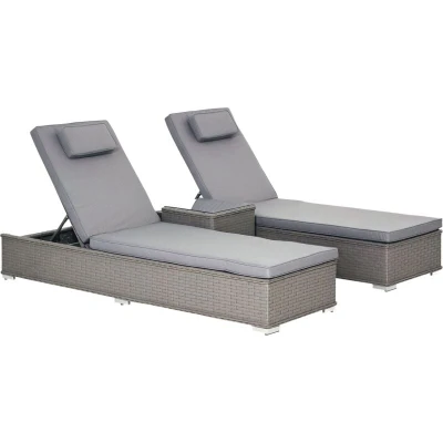 Image of Outsunny 3 Piece Rattan Sun Lounger Garden Outdoor Wicker Recliner Bed Side Table Grey