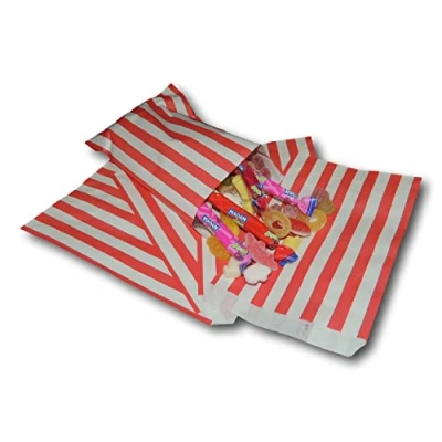 Image of EPOSGEAR® 100 Coloured Candy Stripe Sweet Paper Party Bags Ideal for Gift Shops, Wedding Favours, Carts, Buffets etc (Red, 5&quot; x 7&quot;)
