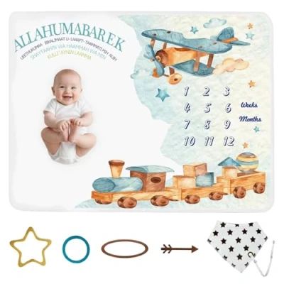 Image of wocharm Baby Milestone Mat Blanket Photo Prop with Floral Numbers Newborn Boy Girl Gift (Airplane&amp;Train)