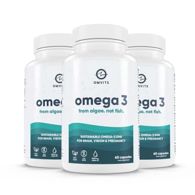 Image of Omvits Vegan Omega 3 DHA from Algae Oil 1000mg 180 Softgel Capsules with Vitamin E Sustainable Algal Alternative to Fish Vegetarian Essential Fatty Acids Supports Heart, Brain &amp; Eyes
