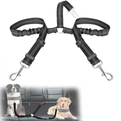 Image of VBGURR Dog Seat Belts for Cars, Double Car Belt, Adjustable Elastic Belt Travel Daily Use(Black)