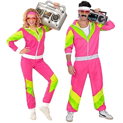Image of WIDMANN 98814 Adult Costume 80s Tracksuit, Pink/Yellow/Green, XL