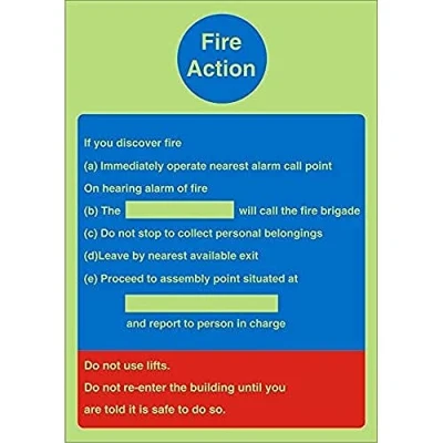 Image of Seco Fire Action Sign, 200mm x 300mm Photoluminescent 1mm Semi Rigid Plastic