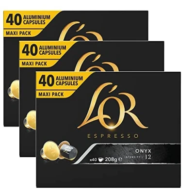 Image of L&#039;Or Espresso Coffee Onyx Intensity 12 Nespresso* Compatible Aluminium Capsules 3 Packs of 40 (120 Drinks)