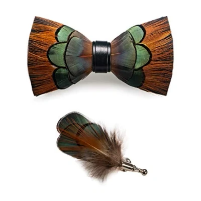 Image of JEMYGINS Handmade Green Feather Pre tied Bow tie and Brooch Sets for Men (orange/green)