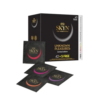Image of SKYN Unknown Pleasure Condoms Pack of 42 &amp; 5 Senses / Skynfeel Latex Free for Men, 6 x Intense Feel, 18 Cocktail Flavoured, Tingling, Warming, Cooling