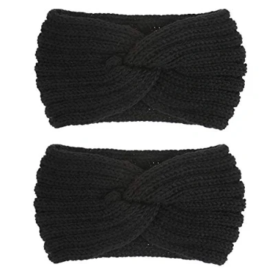 Image of 2PCS Women Ear Warmer Headband Autumn Winter Warm Knitted Hairband Twisted Headbands Elastic Crochet Hair Wrap (Black)