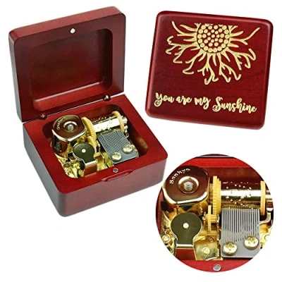 Image of Sinzyo You are My Sunshine Music Box Solid Wood Laser Carving Vintage Gift Musical Boxs for Birthday Valentine&#039;s Day Christmas(Wine Red Wooden C)