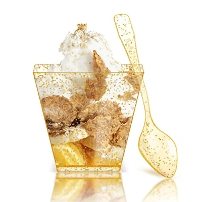 Image of PALUDO 100 Pack Mini Dessert Cups with Spoons, 60ml Reusable Clear Square Plastic Cups, Cheesecake Pots, Multi use Serving Bowls for Party Supplies