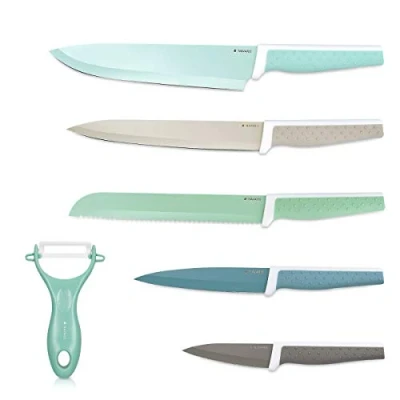 Image of Navaris Knives Set 6 Pieces incl. Peeler 5X Stainless Steel Kitchen and 1x Ceramic Vegetable Meat Knife Bread Multi Colored