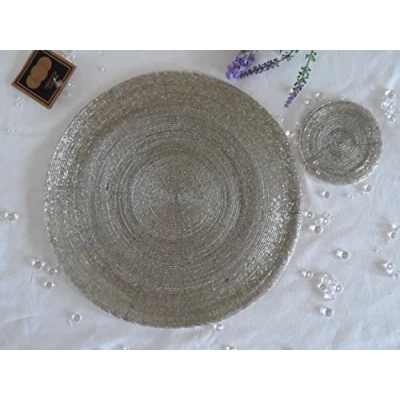 Image of Annibells at Home Set of 4 Round Glass Beaded Silver Table Place Mats &amp; Coasters