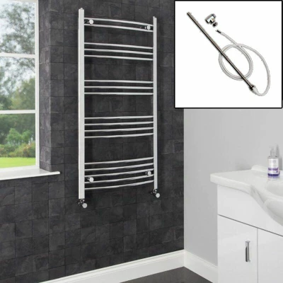 Image of Dual Fuel Heated Towel Rail Chrome Designer Curved Manual Electric 1200x600mm