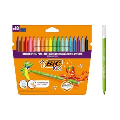 Image of BIC Kids Kid Couleur Felt Tip Colouring Pens Assorted Colours, Water Based, Cardboard Wallet of 18