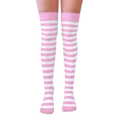 Image of NuJake Striped Over The Knee Socks Fancy Dress Cosplay Teens Girls UK Size 4 5.5 (Cotton Blend, Baby Pink &amp; White)