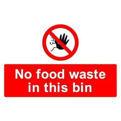 Image of No food waste in this bin prohibition sign Self adhesive sticker (200mm x 150mm)