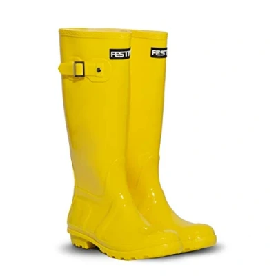 Image of Festival Womens Neoprene Lined Rubber Tall Wellington Boots Wellies Boot (Yellow, UK Footwear Size System, Adult, Women, Numeric, Narrow, 5)