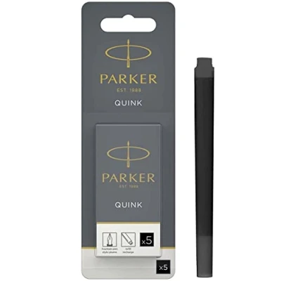 Image of PARKER Quink Fountain Pen Refills, Long Cartridges, Black, 1 Pack of 5