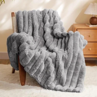 Image of LINGKY Faux Rabbit Fur Luxury Plush Throw Blanket Super Soft Cozy Fuzzy Fluffy Blankets Warm Bed Throws for Couch Sofa, Striped Grey, 130x160cm