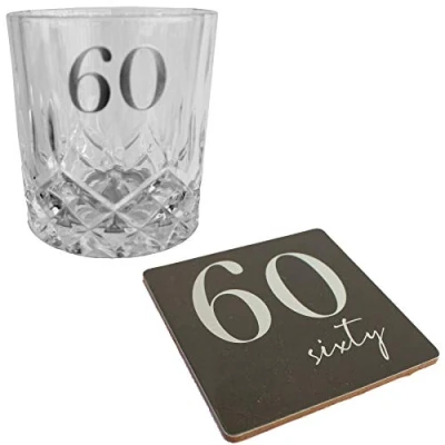 Image of 60th Birthday Gift Cut Glass Whisky Tumbler &amp; Coaster Set Box