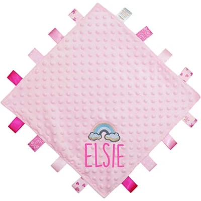Image of TeddyTs Personalised Baby Rainbow Pink Taggy Blanket Comforter
