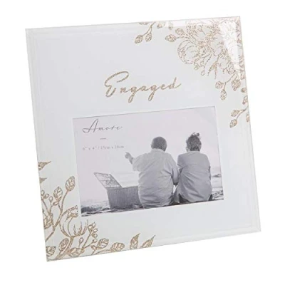 Image of Amore Engagement Grey Glass 6&#039;x4&#039; Photo Frame with Glitter/Wording Engaged