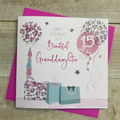 Image of WHITE COTTON CARDS GRANDDAUGHTER AGE 15 LEOPARD PRINT PRESSIES &amp; BALLOONS BIRTHDAY CARD, HAND FINISHED (S273 15)