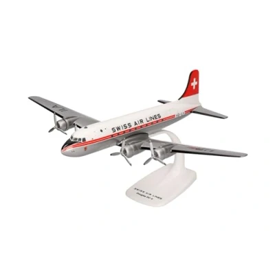 Image of Herpa Snap fit airplane model Swissair Douglas DC 4 on scale of 1:125, plastic miniature with pedastal, building, collectors edition