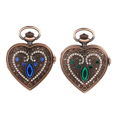 Image of JewelryWe Men Women Pocket Watch Quartz Rhinestone Heart Pendant Necklace