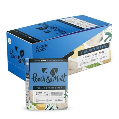 Image of Pooch &amp; Mutt Fish, Potato Pea Pack of Complete Wet Dog Food, Dry Food Topper, 12x375g