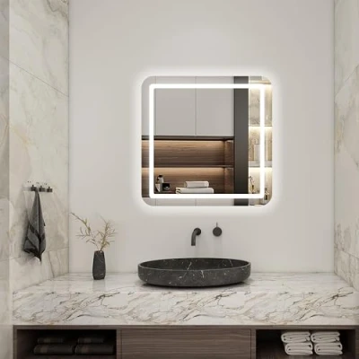 Image of EVOLVE LED Bathroom Mirror 600x600 with Single touch sensor button switch, heated demister pad, Dimmable Cool white light, brightness memory function and automatically power off