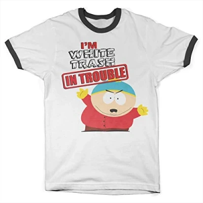 Image of South Park Officially Licensed I&#039;m White Trash in Trouble Ringer Mens T Shirt (White Black), XL