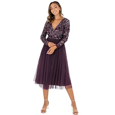 Image of Maya Deluxe Women&#039;s Ladies Wedding Guest Midi Dress Long Sleeve Plunging Neckline V Neck Sequin Embellished Graduation Bridesmaid, Berry, 10