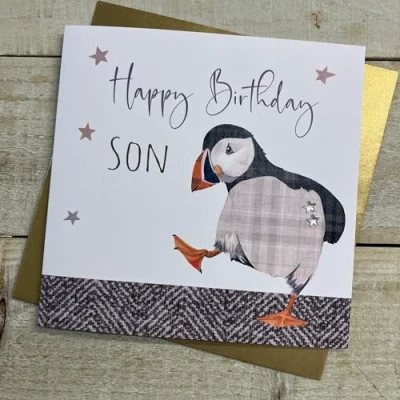 Image of WHITE COTTON CARDS SON PUFFIN BIRTHDAY CARD, HAND FINISHED (S348 SON)