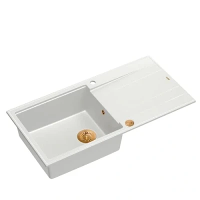 Image of QUADRON Sink White &amp; Copper Size 100 x 50 21 cm Granite Evan 146 XL Single Bowl Kitchen with Manual Siphon and Draining Board 1 Built in