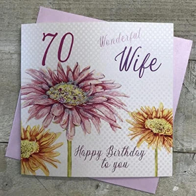 Image of white cotton cards Flowers, Wonderful Wife 70 Happy Handmade 70th Birthday Card, White, wb103