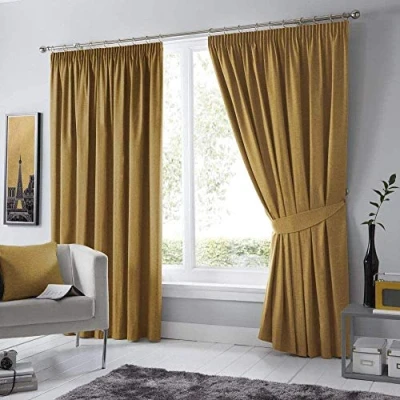 Image of Fusion Ochre Yellow W46 x L54 Pencil 2x Panels Bedroom &amp; Living Room Pleated Curtains and Drapes in Mustard, Blackout/Thermal Insulated, 46&quot; Width 54&quot; Drop (117 137cm)
